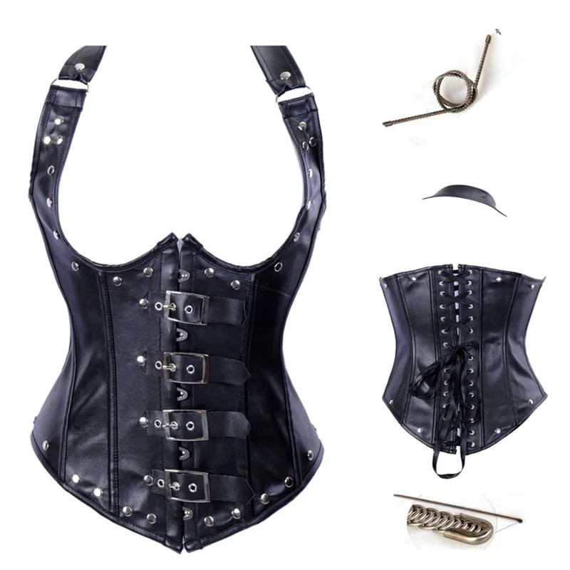 PV Leather Corset Bustier Gothic Belt Sexy Red & Black Steampunk Halter Overbust Bustier Women Lingerie Steel Boned Shaewear