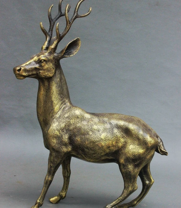 

12" Folk China FengShui Bronze Exquisite Wealth Deer Lucky Stand Animal Statue