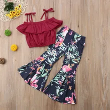 Детские комплекты одежды из 2 предметов для маленьких девочек топы с открытыми плечами, юбка расклешенные брюки с цветочным рисунком, леггинсы, одежда, комплекты