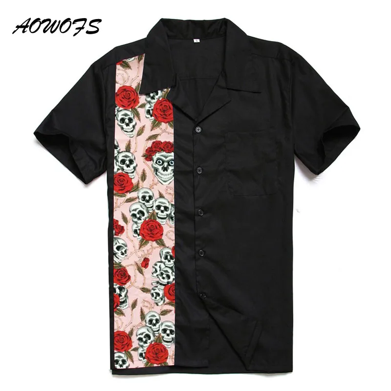 AOWOFS Retro Rockabilly Shirts Men Big and Tall Clothing Cotton Short Sleeve Skulls Halloween