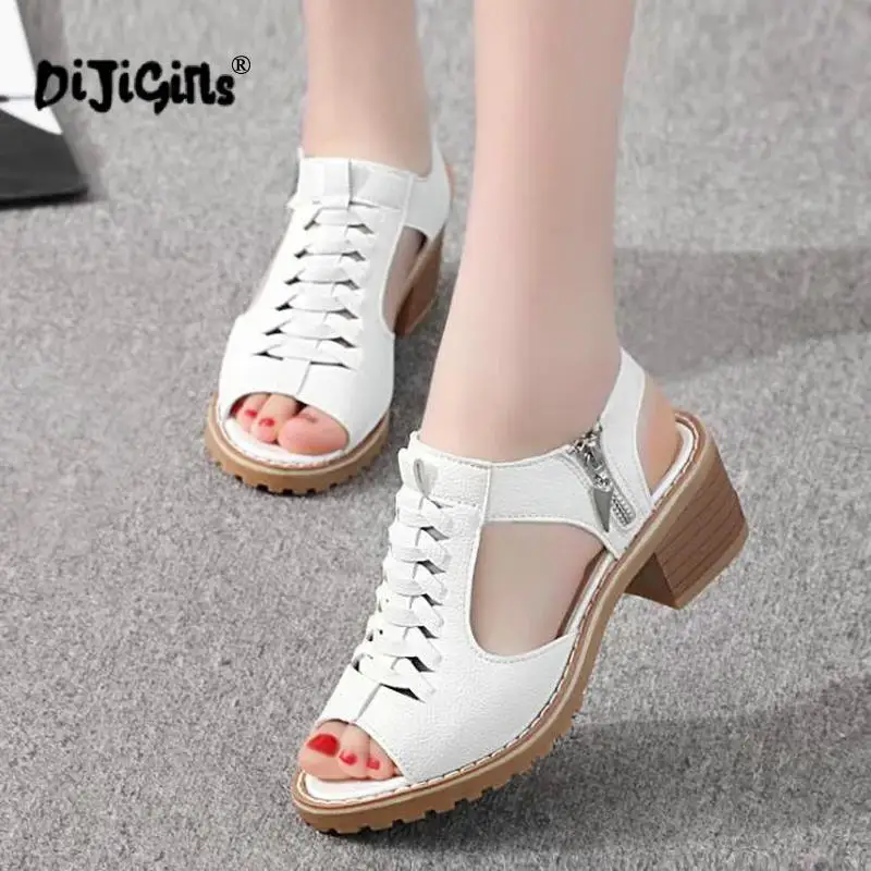 

Vintage Elegant Mid Square Heel Women's Sandals Summer Style Peep Toe Cross Tied Side Zip Design Shoes Woman Shoes Drop Shipping