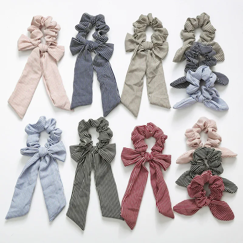 

hot sale Cute Rabbit Ear Striped Hair Accessories Elastic Hair Band Hair Rope Women Girls Rubber Band Tie Hair Scrunchies
