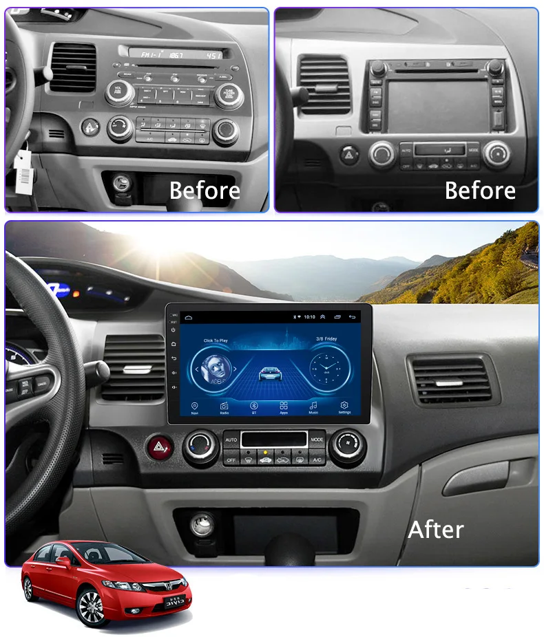 

Android 9.1 Car radio Super Slim Touch Screen GPS Navigation for Honda Civic 2010 2009 headunit Stereo Multimedia Bluetooth