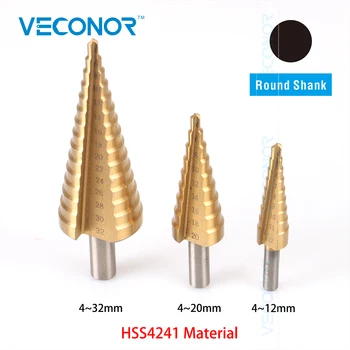 

Veconor 3 Pcs Impact HSS Step Cone Drill Bit Titanium Nitride Coated Hole Cutter Tool Set Round Shank