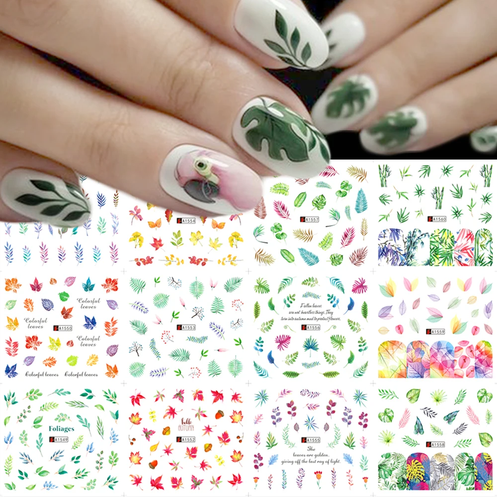 

12 Design Nail Art Water Transfer Sticker Summer Colorful Leaf Decals Slider Nail Sticker Decoration Wraps Manicure LAA1549-1560