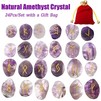 

13/24/25pcs Natural Engraved Chakra Amethyst Rune Stones Set Gemstones Craft Feng Shui Decoration Set with Velvet Bag