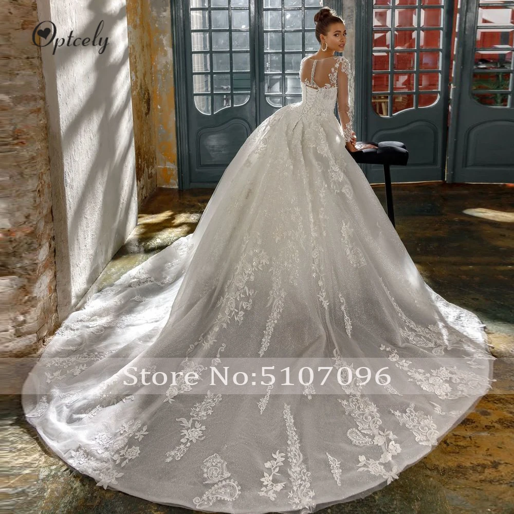 Optcely Illusion O-Neck Lace-up Ball Gown Wedding Dress Appliques Sweep Train Lace Princess Dream Vintage Vestido de Noiva