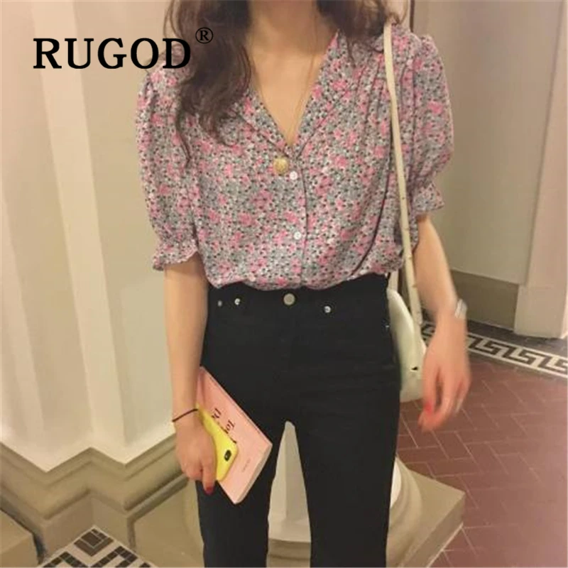 

RUGOD Elegant printed chiffon women blouse Korean chic flare sleeve ladies shirts Fashion summer V neck female tops and blouses