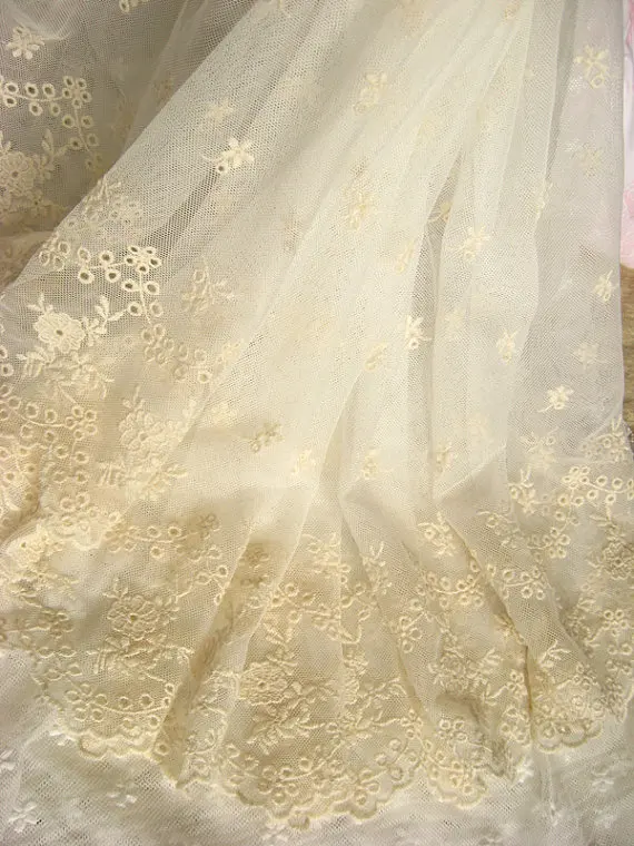 

Ivory embroidered lace fabric, vintage floral trim lace, antique bridal cotton lace