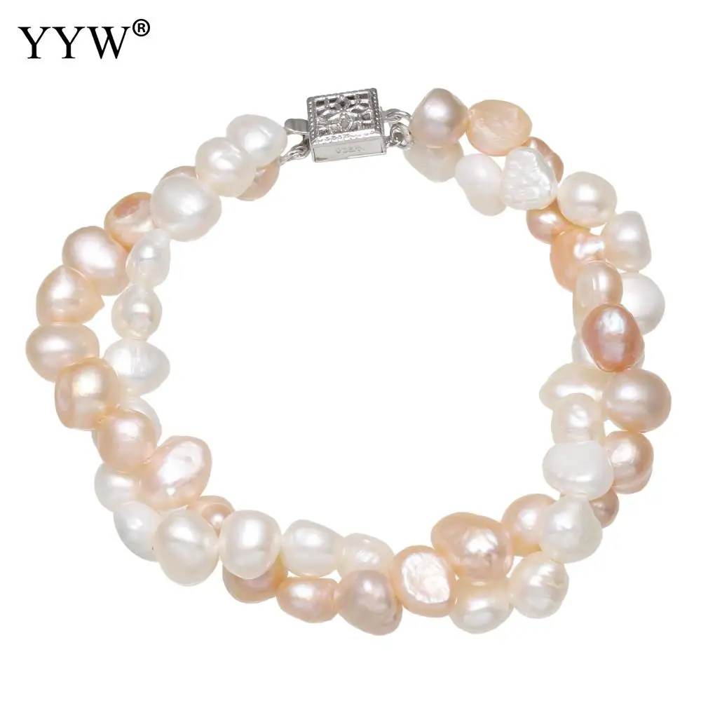 

Natural White Pink Freshwater Cultured Pearl Bracelet For Woman & 2-Rows Multiple Layer 7-8mm Sold Per Approx 7.5 Inch Strand