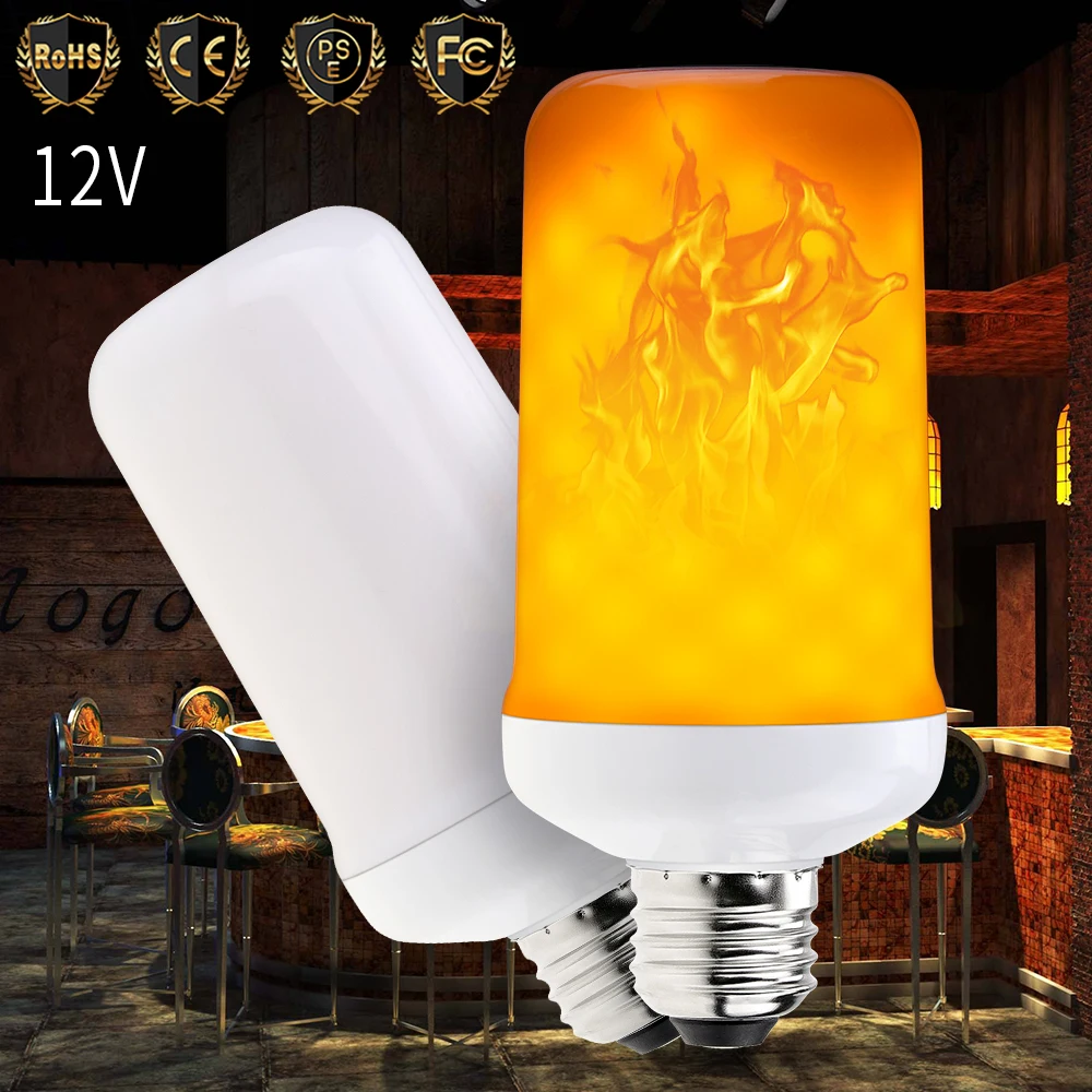 

12V LED Flame Effect Light Bulb E27 LED Lamp Candle Flicker Bulb E14 Fire Light E26 Corn Lamp 2835SMD 99leds Lighting Decoration