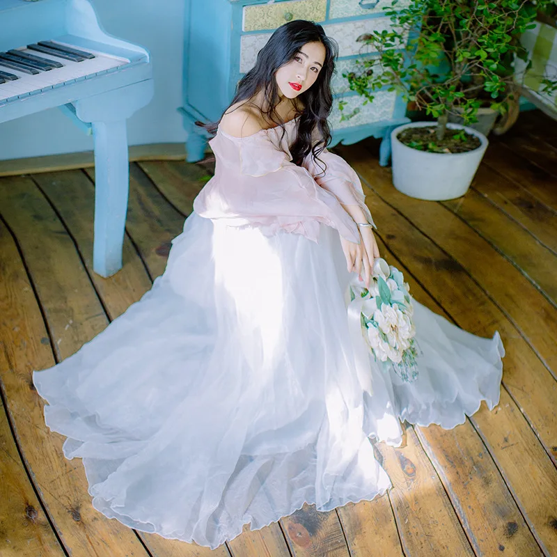 Ubei Spring 2019 women two-piece set romantic one-neck chiffon shirt + sweet flowing fairy long skirt sets Ubei Spring 2019 women two-piece set romantic one-neck chiffon shirt + sweet flowing fairy long skirt sets