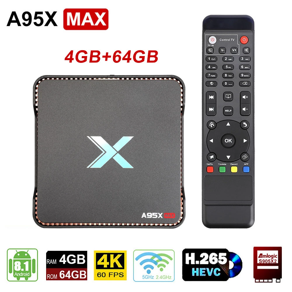 فيديو تسجيل الروبوت 8.1 التلفزيون مربع 4 GB RAM 64 GB Amlogic S905X2 رباعية النواة المزدوج Wifi BT4.2 1000 M h.265 4 K 60pfs A95X ماكس X2