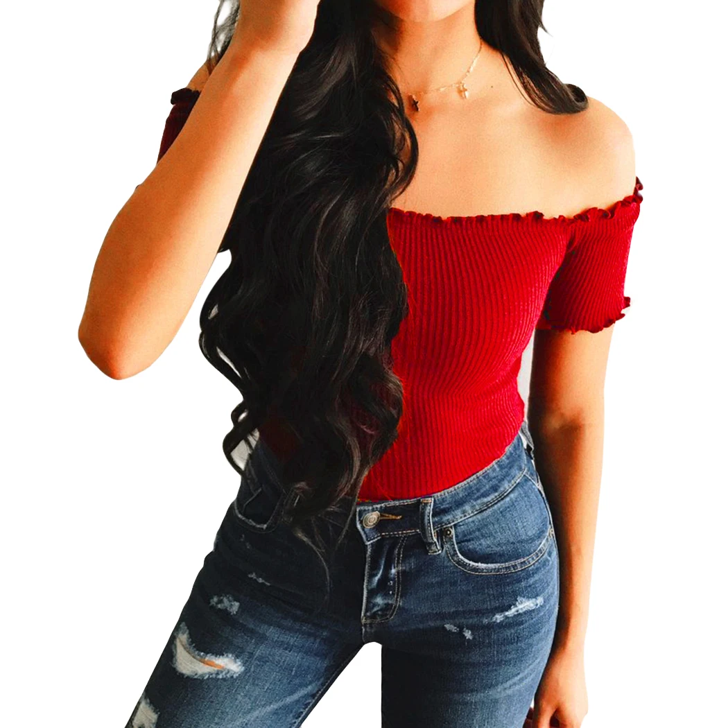 Buy Sexy Off Shoulder Kintted T Shirt Women Crop Tops