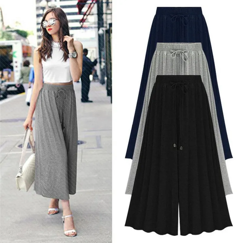 

2023 Spring Summer Large Size ladies High Waist Stretch Wide Leg Pants Fashion Loose Casual Seven Yards Pants Skirt M-8XL