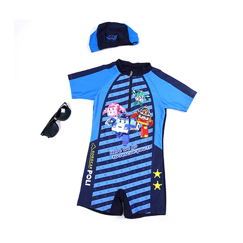 

Boys One Piece Swimwear With Swimming Cap Kid's Professional Swimsuit Children Baby Boy Blue Striped Cartoon Swimming Wear