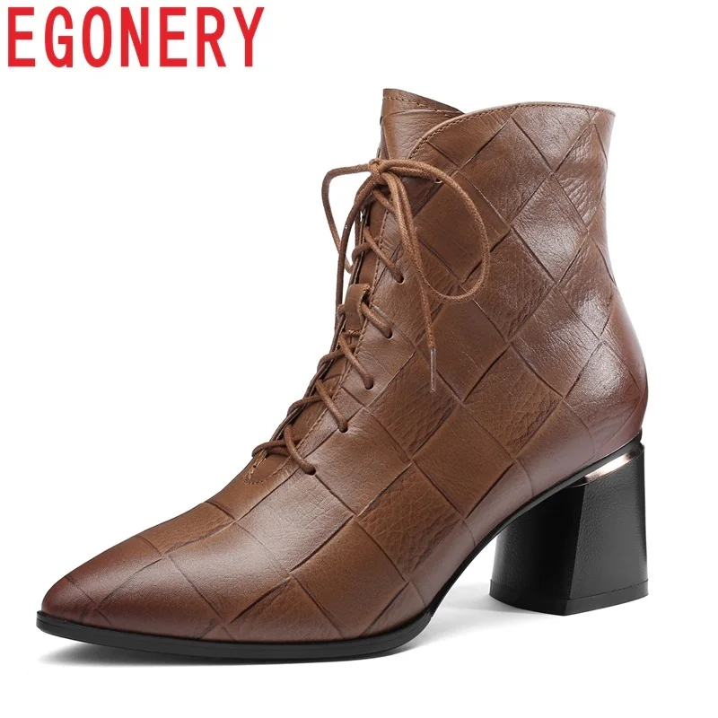 

EGONERY 2019 newest genuine leather pointed toe high square heel platform cross-tied two colors zip office ladies ankle boots