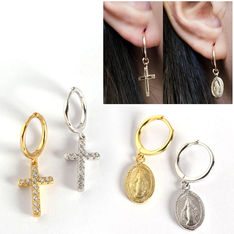 925 стерлингового серебра Девы Мэри крест золотистые Серьги Huggie Шарм маленькая серьга-кольцо для женщин