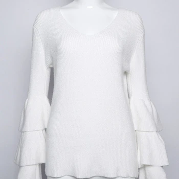 

New autumn Women fashion Knitted Sweater off shoulder long flare sleeve v-neck sexy solid loose pullover sweater tops