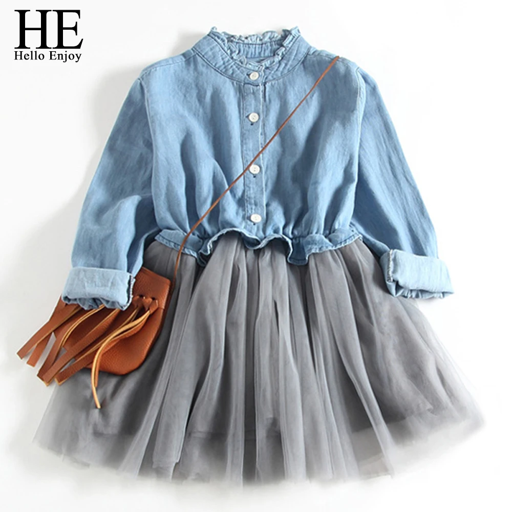 

HE Hello Enjoy Girl Dresses Long Sleeve Children Princess Clothing Long Sleeve Denim Patchwork Mesh Dress New Spring 2018 Girls