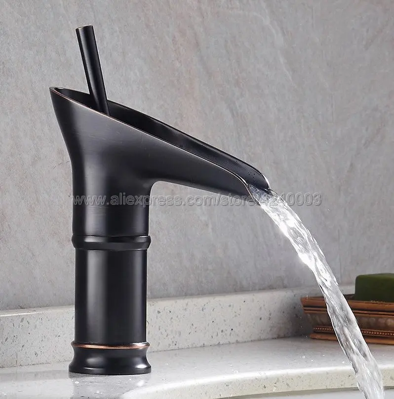 Black Oil Rubbed Brass Waterfall Spout Single Handle Bathroom Sink Vessel Faucet Basin Mixer Tap Knf091