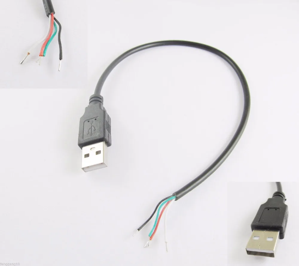 

2pcs USB 2.0 A Type Male Plug 4 Pin 4 Wire Data Charge Cable Cord Connectors DIY 30cm