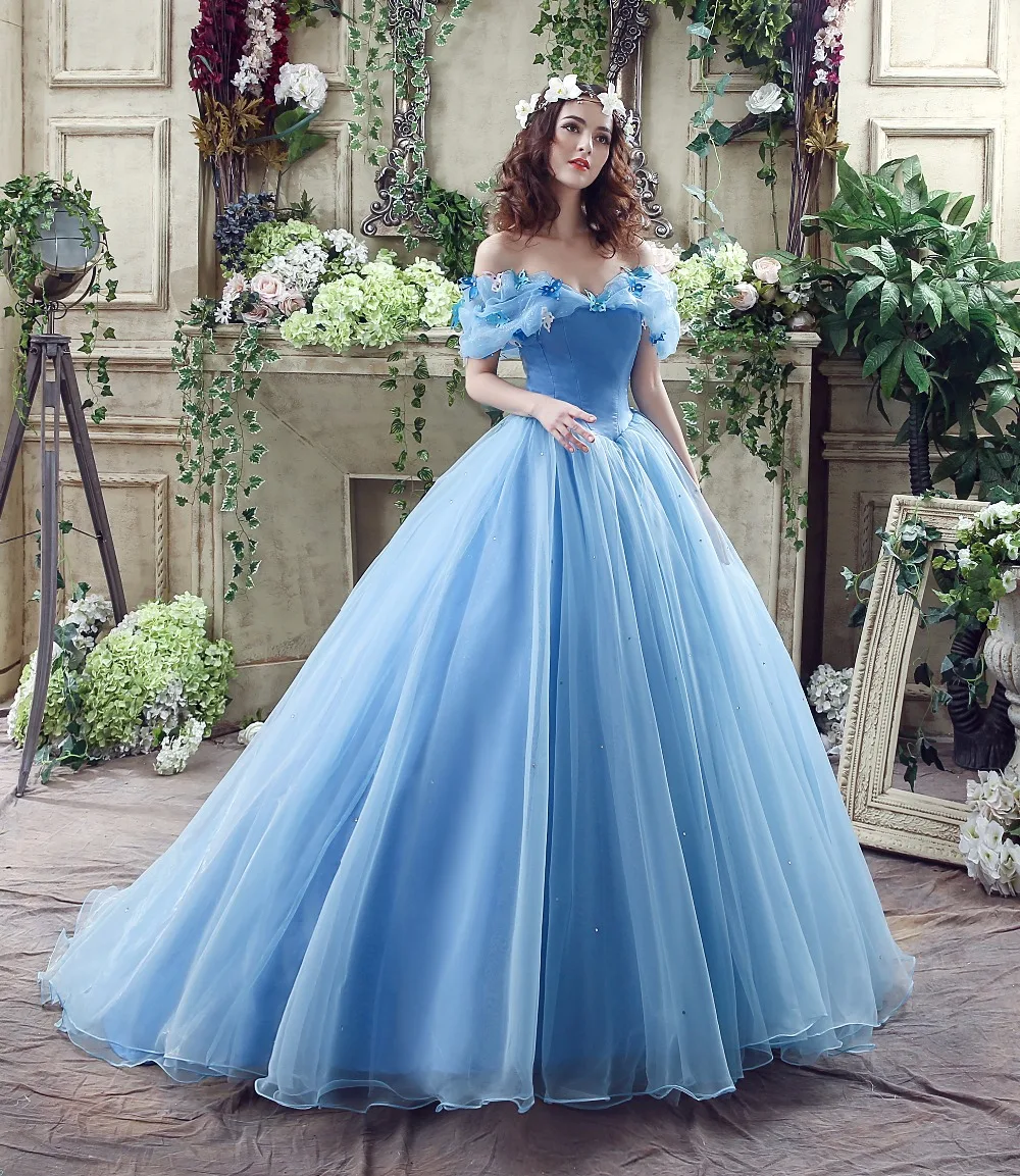 US 990 Di Stock Butterfly Dekorasi Bahu Cinderella Cosplay Pernikahan Gaun Putih Biru Film Mewah Putri Gaun Pengantin Di Wedding Dresses Dari