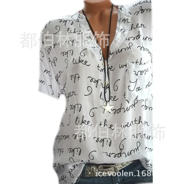 

Large size Women's Blouse 2019 summer new casual loose Shirt V-neck button printed Blouses S-5XL