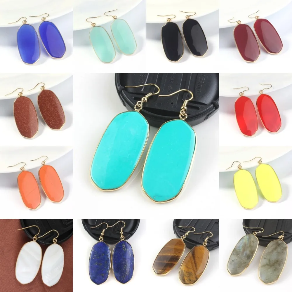 

18k gold plated Rose Quartz Turquoise Agate Cat's Eye Stone Oval Shape Hook Dangle Earring Women Lucky Stone Eardrop Jewelry