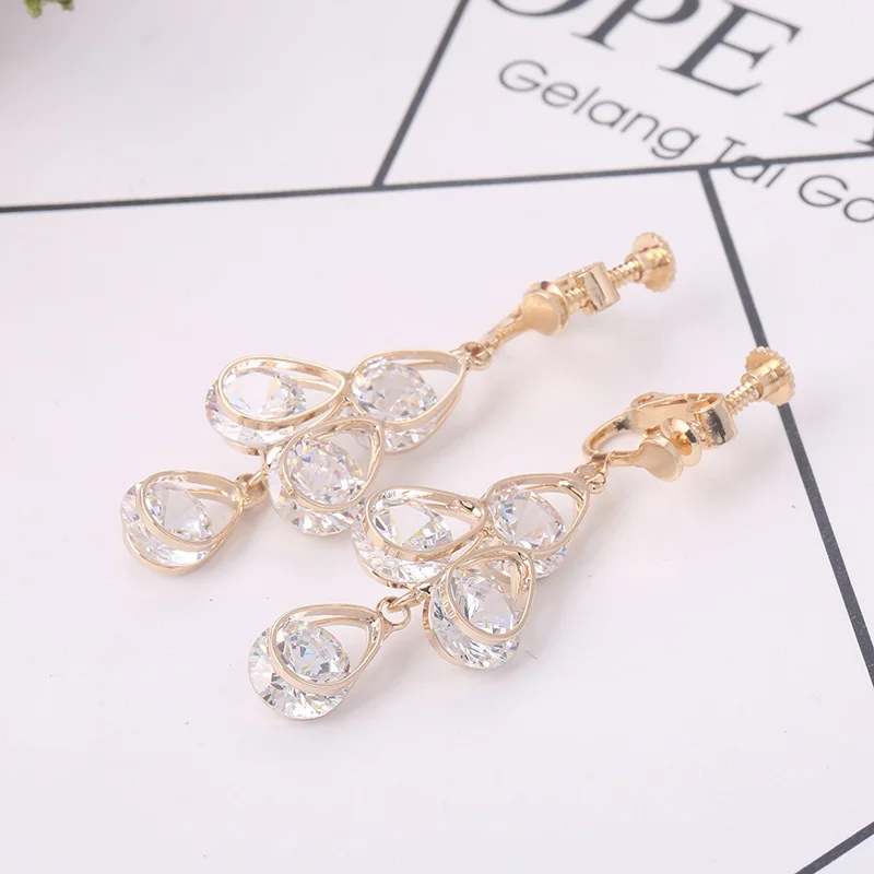 

Grace Jun Korea Style Full Cubic Zircon 4 Water Drop Shape Clip on Earrings Without Piercing for Women Party Charm Earrings Gift