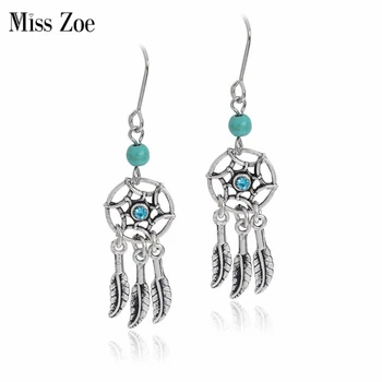 

Miss Zoe Vintage Dreamcatcher Feather Tassels Earrings Green Blue Beads Danglers Bohemian Antique S Earrings BOHO Ear Jewelry