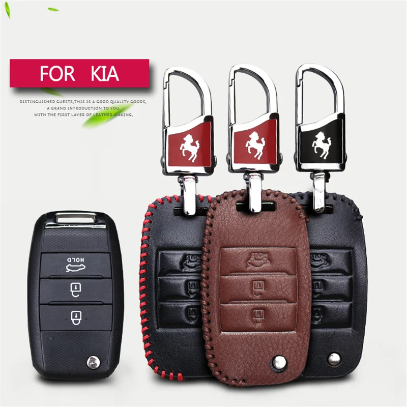 Genuine Leather Car Remote Key Cover Case Keyring For Kia Ceed Rio K2