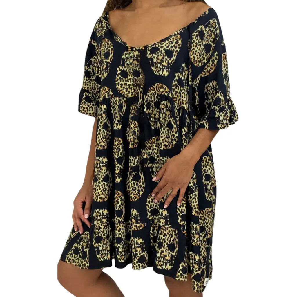 

women stylish Plus Size Loose print mini dress O neck short sleeve A-Line pleated female casual Mini cute dresses vestidos #30