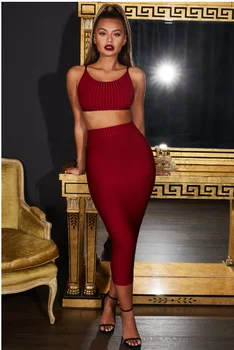 

High Quality Wine Red 2 Pieces Set Rayon Bandage Dress Evening Party Bodycon Dress