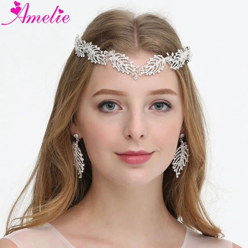 Wedding Headband Crown Hair Vine Rhinestone Leaf Branch Bridal Forehead Band Silver Headpiece