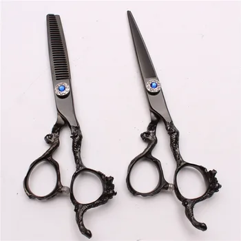 

6" 17.5cm 440C Engraving Logo Black Hairdressing Scissors Thinning Scissors Cutting Shears Dragon Handle Hair Scissors Set C9003