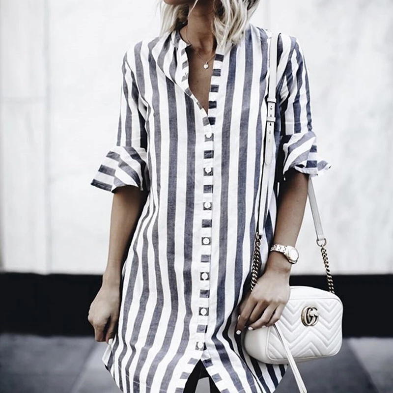 

2019 Summer dress vintage button linen boho white striped dress elegant women beach mini dress korean vestidos streetwear