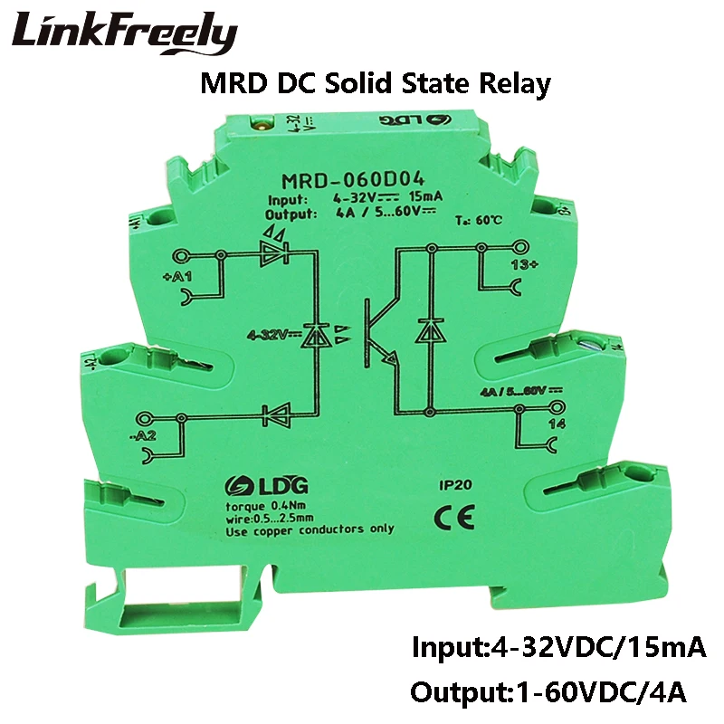 

MRD-060D4 Mini Innovative LED Indication 4A Input: 5V 12V 24V DC SSR Interface Voltage Relay Module DIN Rail Relay Switch Board