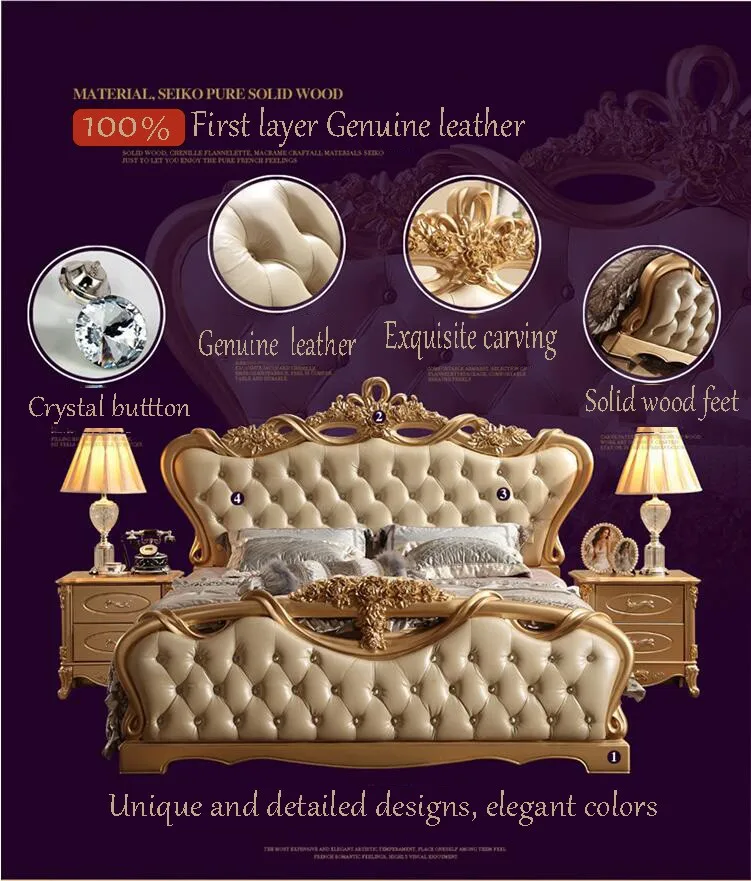 Высокое качество Европейский современный натуральная кожа французская кровать king size роскошный p10078