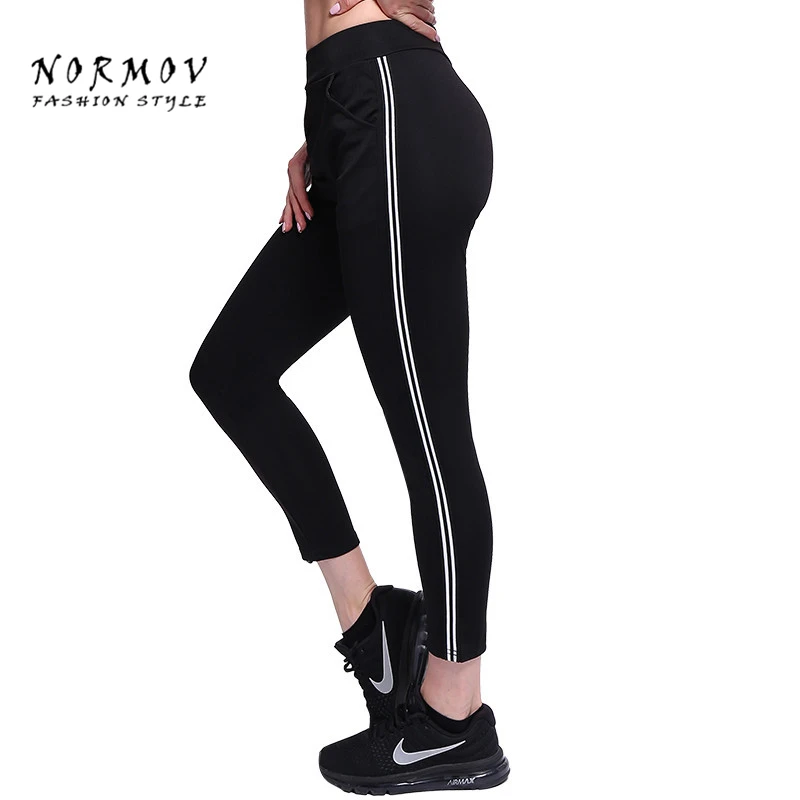 

NORMOV Woman High Waist Pants Solid Color Stitching Casual Loose Striped Cotton Nine-point Pants Was Thin Large Size Fitness Ni