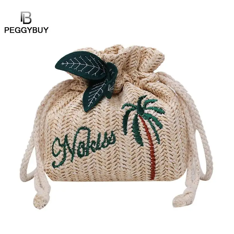 

New Drawstring Women's Straw Bucket Bag Summer Woven Shoulder Bags Women Letter Tree Embroidered Crossbody Bags Travel Bag
