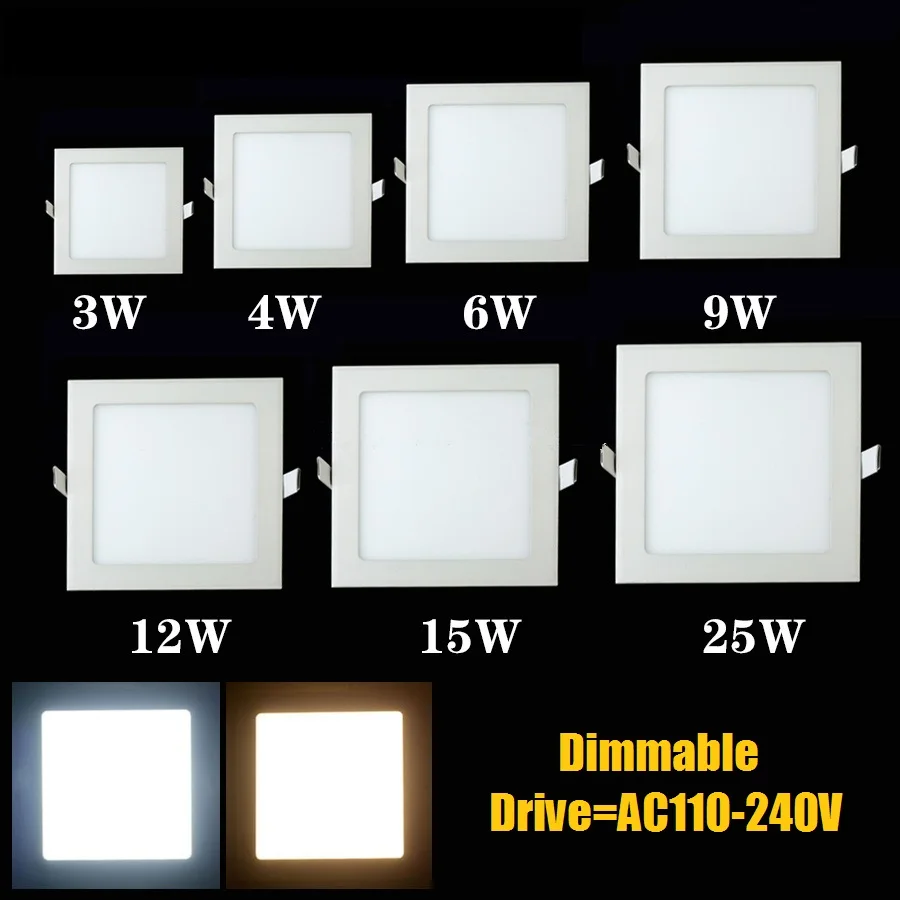 

Dimmable LED lighting Panel light square panel light 3w 4w 6w 9w 12w 15w 25w ceiling recessed lamp warm/natural/cool white