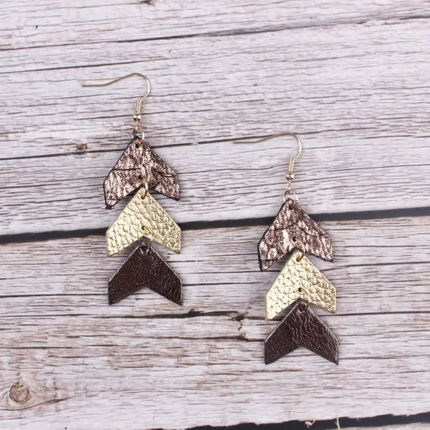 ZWPON Triple Tier Genuine Leather Chevron Earrings 2019 Geometric Leopard Arrow Leather Earrings Jewelry Wholesale