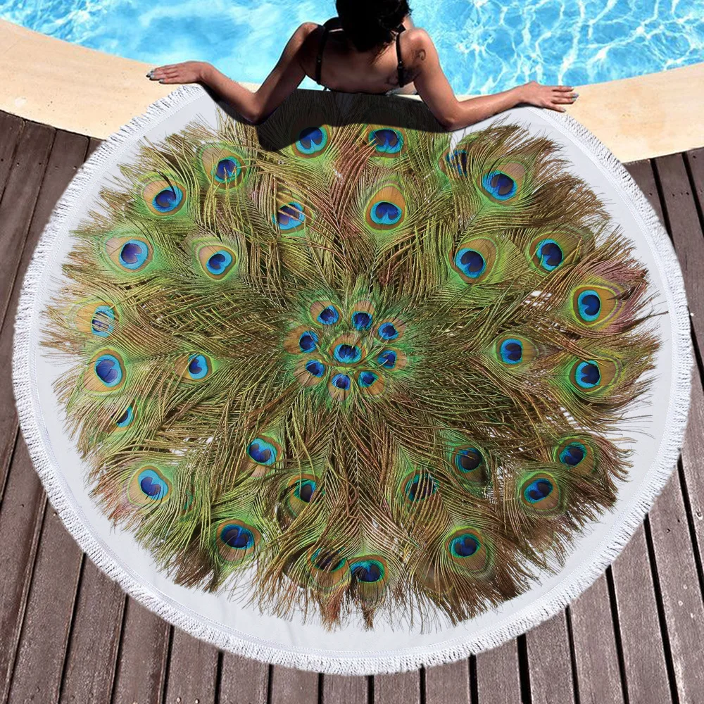 

mylb Microfiber Summer Sea Beach Towels Round Peacock Feathers Bath Towel Print Swimwear Cloak Shawl Yoga Mat for Summer Women