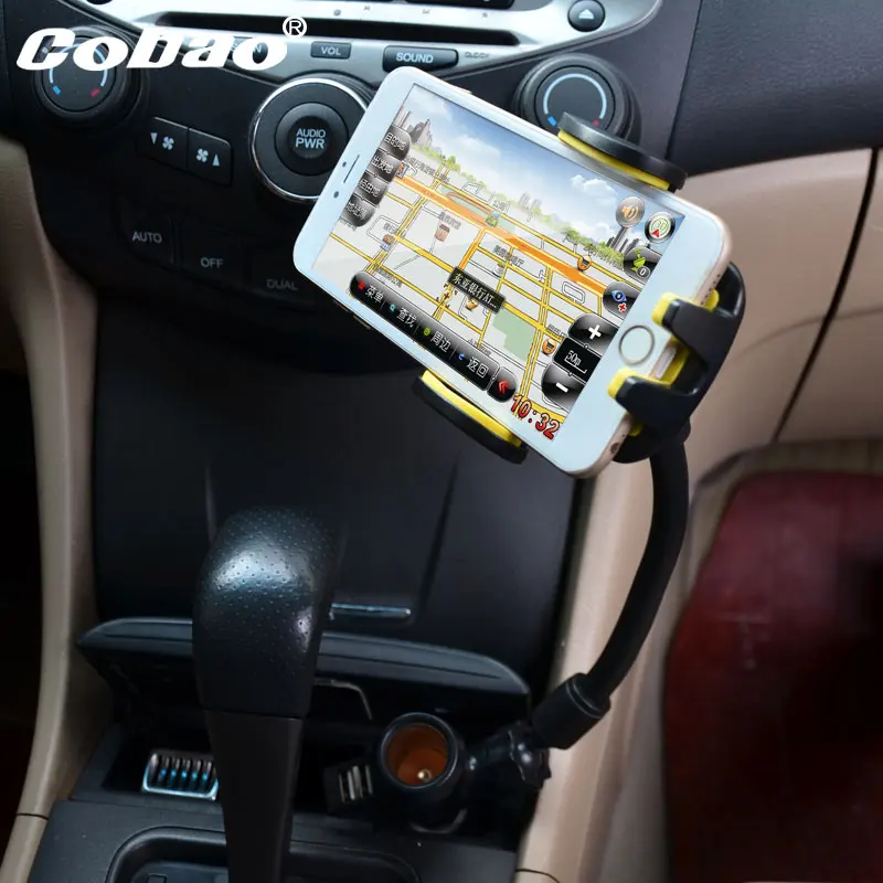 

Car Mobile Cell Phone Mount Holder With Cigarette Lighter Socket 2 Charging USB Port Charger For iphone 6 5s 6s 6s plus xiaomi