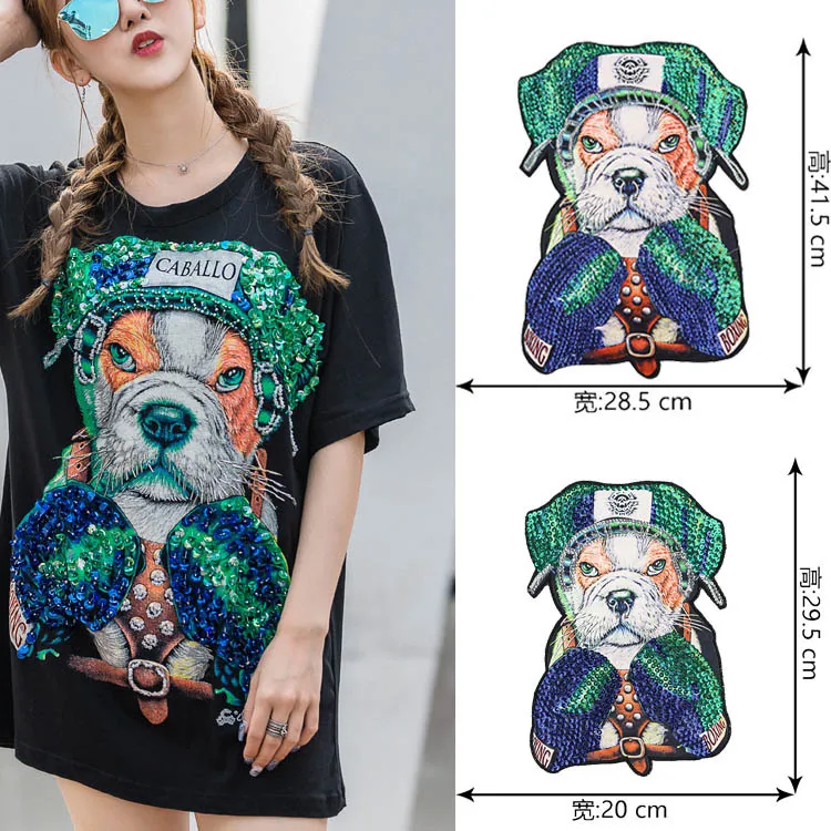 

2019Large Cool Dog Sequined Embroidered Sew On Patches for clothes DIY Coat Sweater T shirt Clothing Sequins Patch Applique