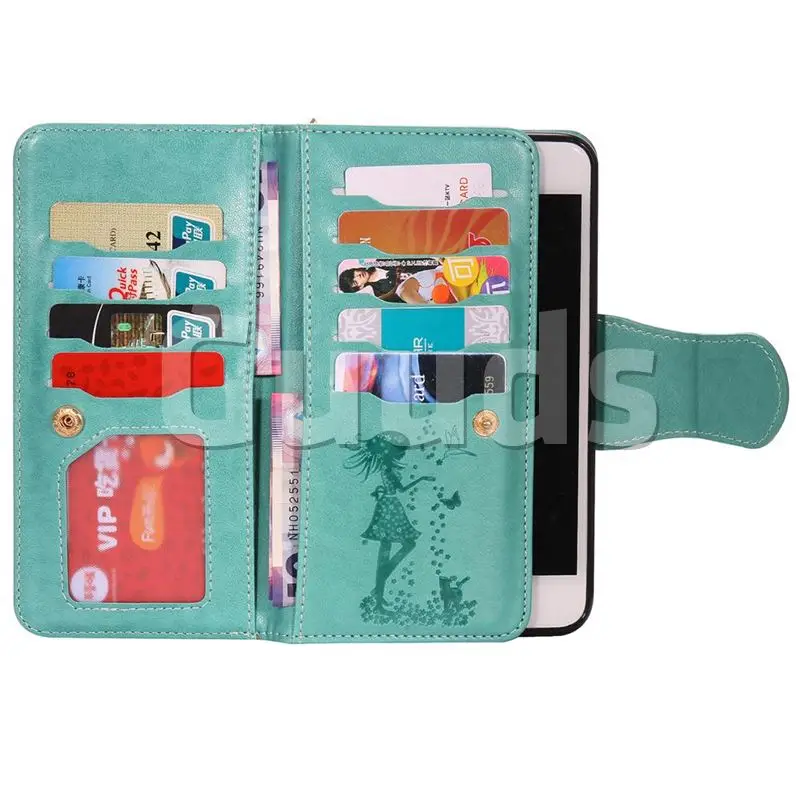 Embossing Cat Girl 9 Card Leather Wallet Case for iPhone 8 Plus / 7 Plus 7P(5.5 inch) - Green