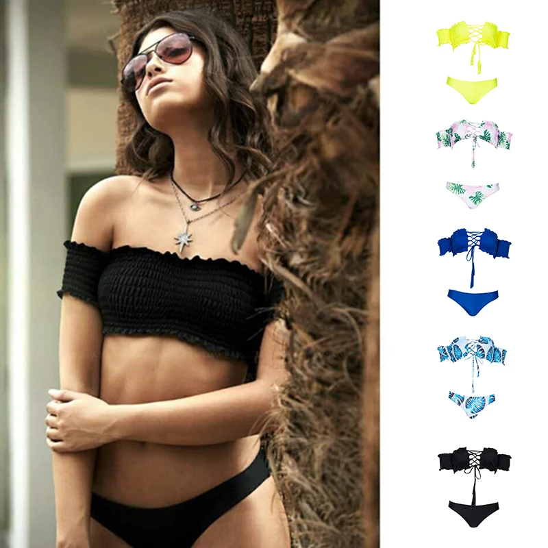 

Fashion Backless Solid Fold Ruffle Swimwear Floral Printed Bathing Suit Two Piece Women Cross Bandage Thong Bikinis 2019 Beach