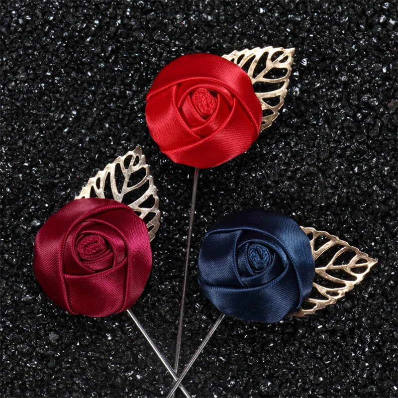 New fashion men brooch Leaves with ribbons rose buds lapel pin suit
