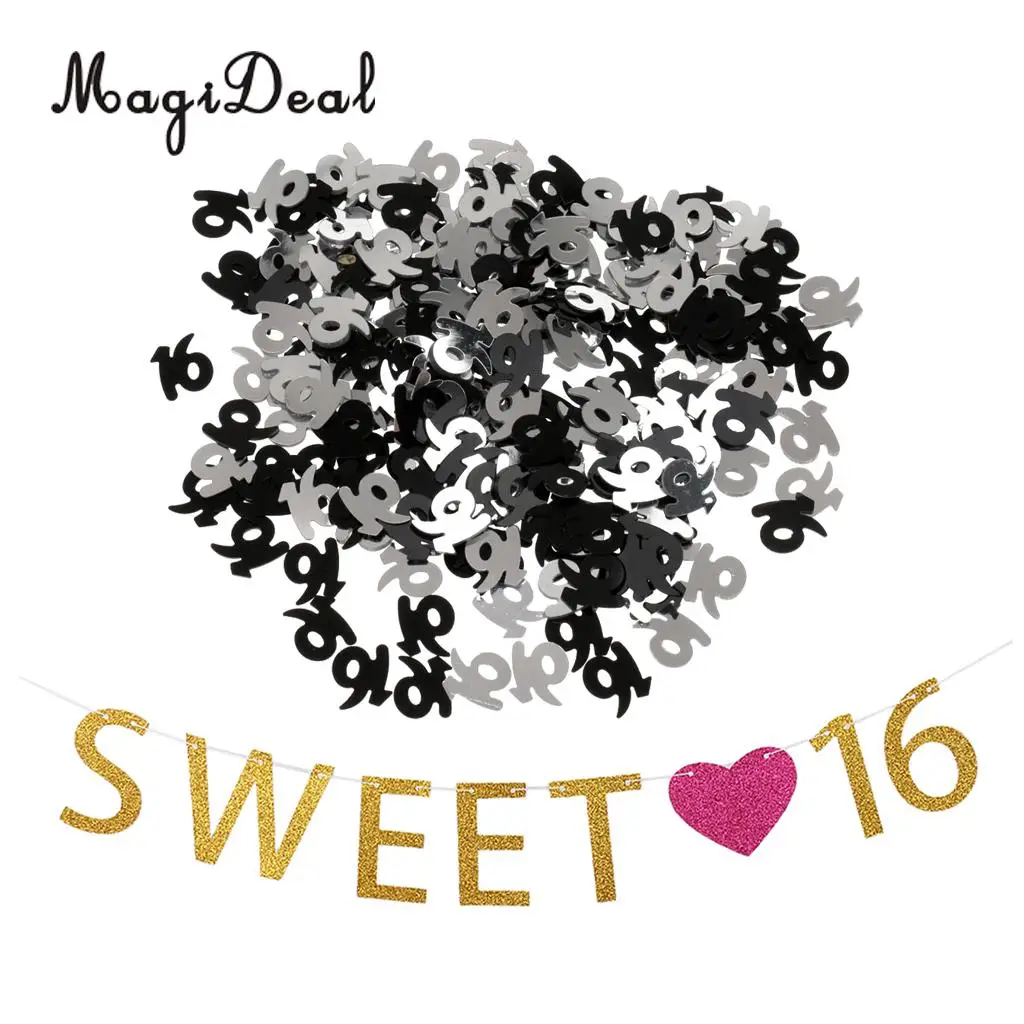 Glitter Gold Sweet 16 Rose Heart 16th Table Confetti Sprinkles Birthday Hanging Banner Garland Party Decoration Props